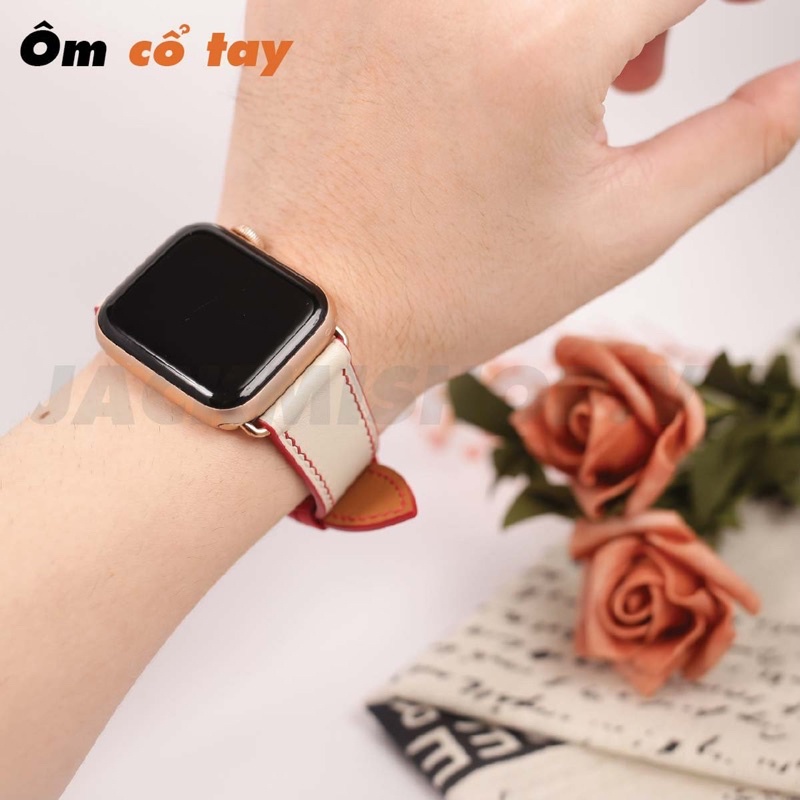 [DÂY DA THẬT] DÂY DA BÊ SWIFT MAY TAY THỦ CÔNG MÀU KEM CHỈ ĐỎ KHÓA BƯỚM CHO APPLE WATCH SERIES 1-6 [BẢO HÀNH 1 NĂM]