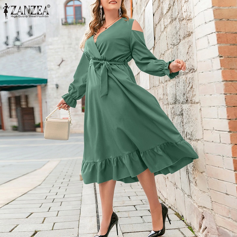 Đầm Zanzea tay dài cổ chữ V phong cách Châu Âu thời trang cho nữ