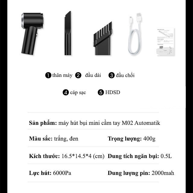 Máy Hút Bụi Mini Cầm Tay Không Dây Có Đèn LED cho Ô Tô, Xe Hơi, Gia Đình M02 - Automatik [ Phương Hằng Authentic ]