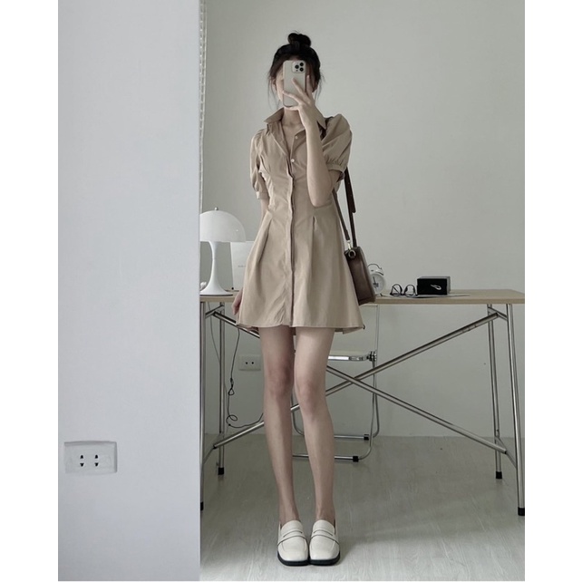 [HÀNG SẴN]VÁY KAKI 2 DA TAY BỒNG CHIẾT EO 1407 siêu xinh