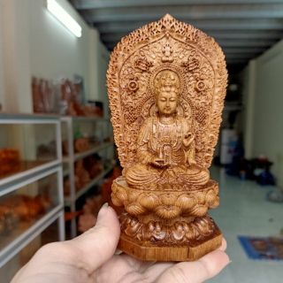 Tượng phật quan âm 2 mặt để ô tô gỗ bách xanh mini giá rẻ