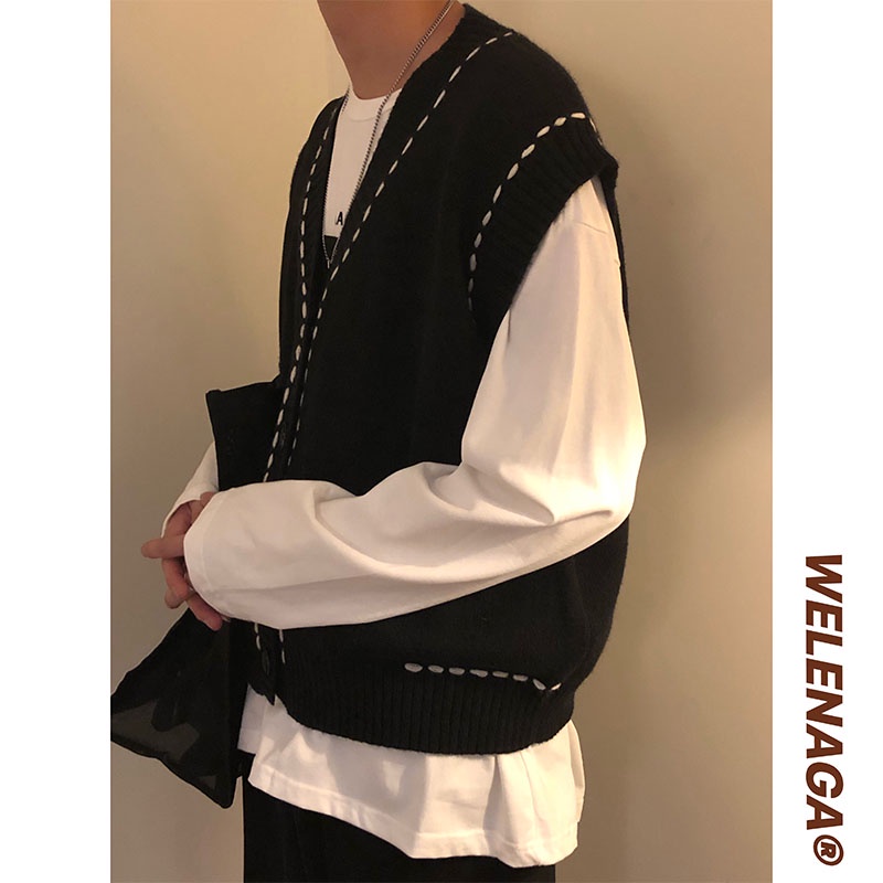 Áo Khoác Len Cardigan Sát Nách Màu Đen Kiểu Retro Nhật Bản Cá Tính Cho Nam