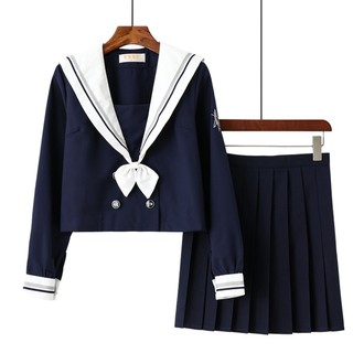 Seifuku/ Set váy đồng phục học sinh Nhật Bản xanh than: áo cổ thủy thủ thêu cá voi + nơ + chân váy xòe xếp ly