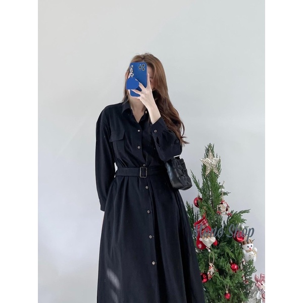 Váy sơmi trơn dáng suông dài tay kèm đai