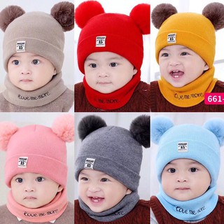Mũ len trẻ em 2 cục bông kèm khăn quàng cổ mịn màng ấm áp cho bé dưới 3 tuổi