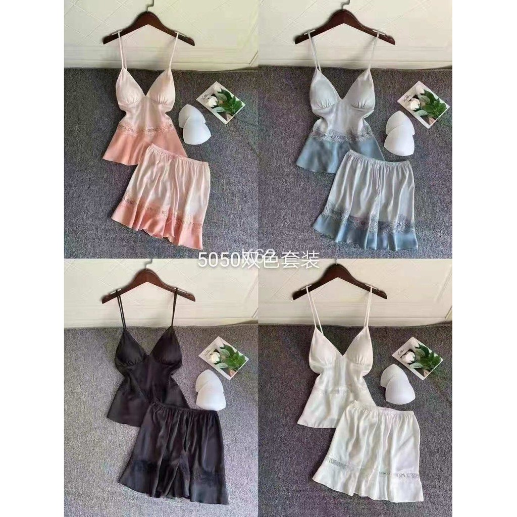 Bộ Ngủ Hai Dây LOANG Lụa Hàng Quảng Châu Cao Cấp Bộ ngủ lụa 2 dây lụa nhấn ren loang -váy ngủ 2 dây loang qc