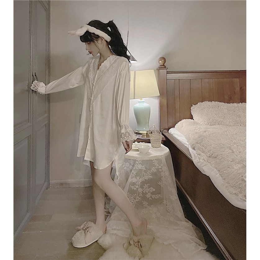 Mới Đồ ngủ Vải Lụa Mát Phối Ren Kiểu Pháp Thiết Kế Quyến Rũ Cho Nữ