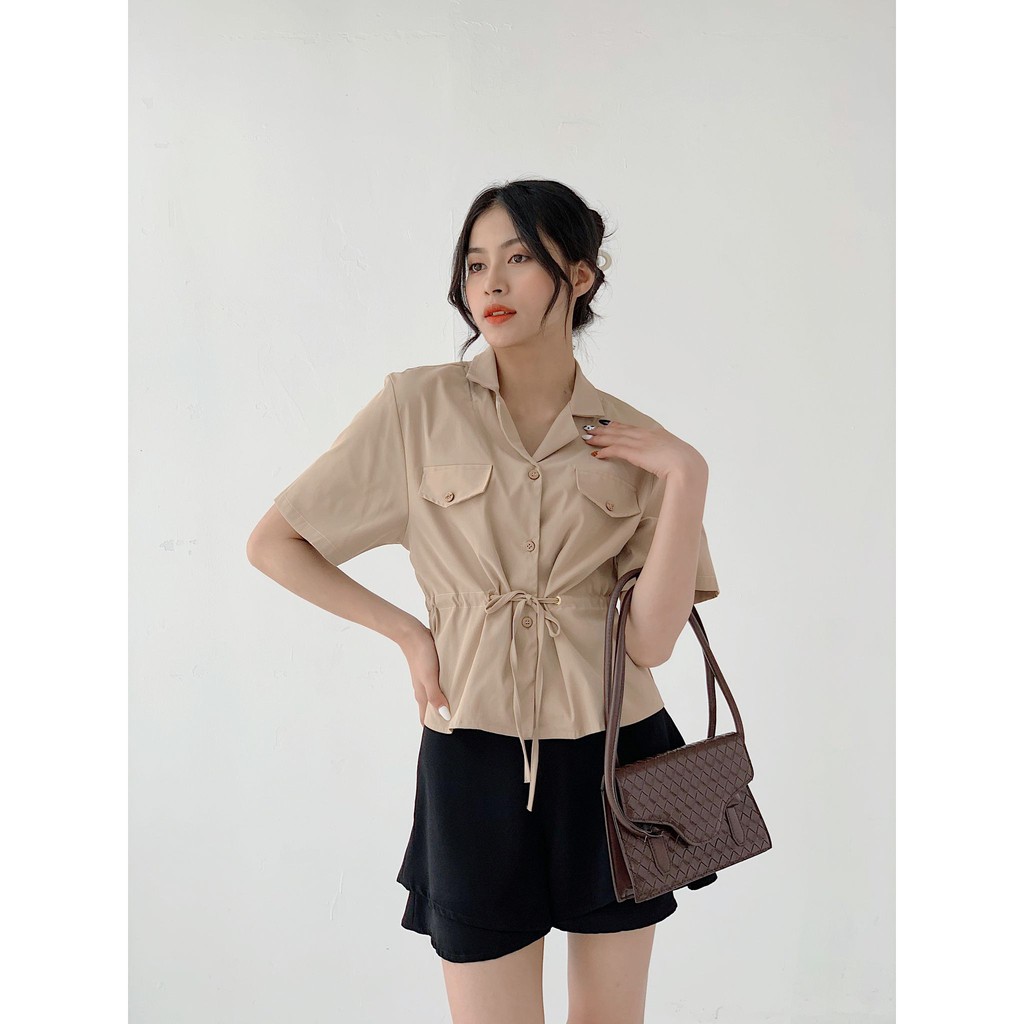 TUBYCATU | Áo sơ mi kem rút eo túi đắp