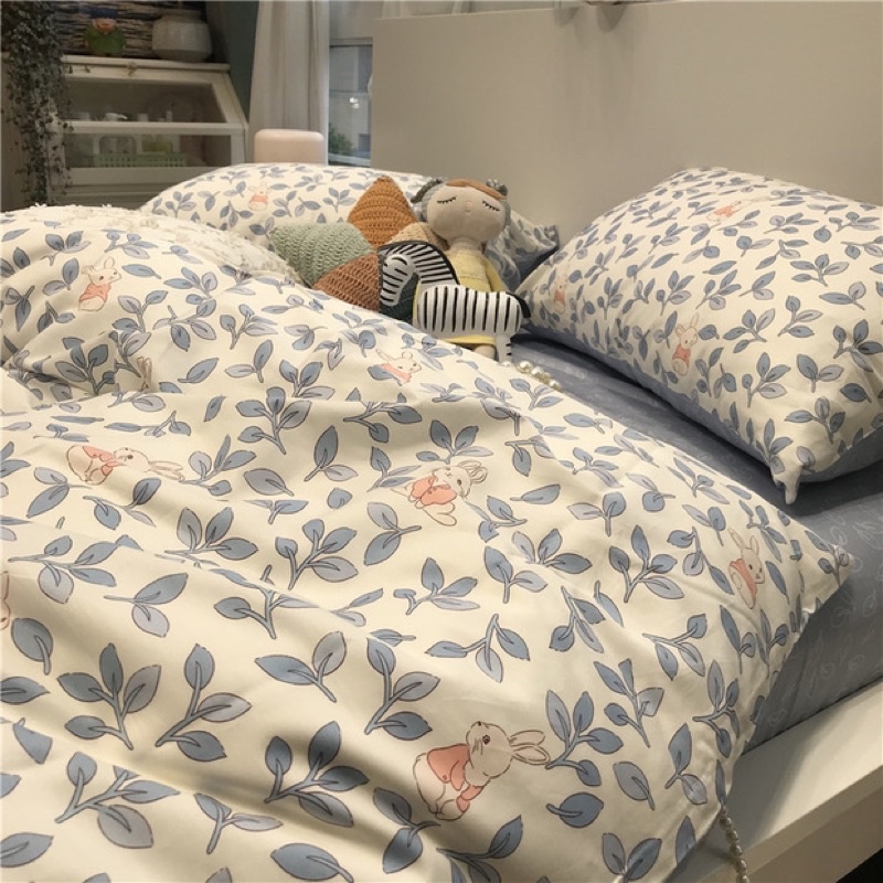 Shinbedding_ Set Bộ Vỏ Cotton Living Thỏ Ăn Lá Siêu Dễ Thương, Chất Liệu Mềm Mát,Thấm Hút Mồ Hôi