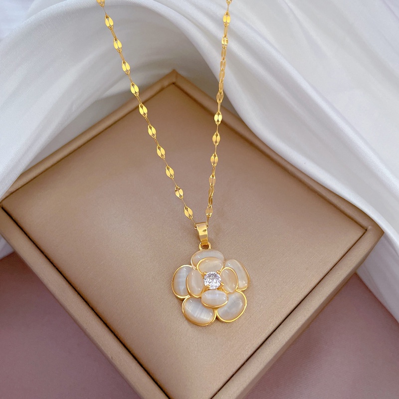 Dây Chuyền Thép Titan Nhẹ Hình Hoa Mắt Mèo Trong Suốt Mạ Vàng Sang Trọng Cho Nữ May Mắn ins Influencer