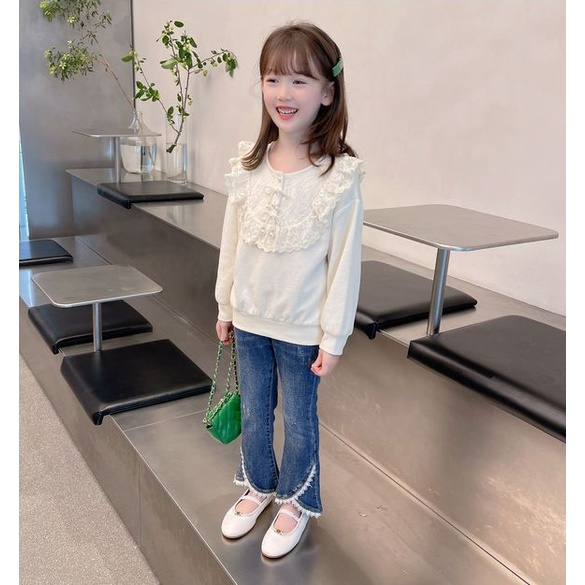 Quần Jean Ống Loe Phối Ren Phong Cách Hàn Quốc Thời Trang Xuân Thu 2023 Mới Cho Bé Gái 2-10 Tuổi
