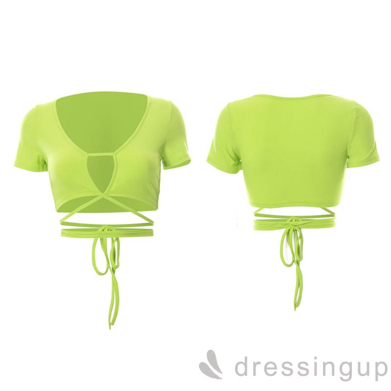 DRE-Women Summer Tops, Short Sleeve Solid Color Tie Up Waist Elastic Tops