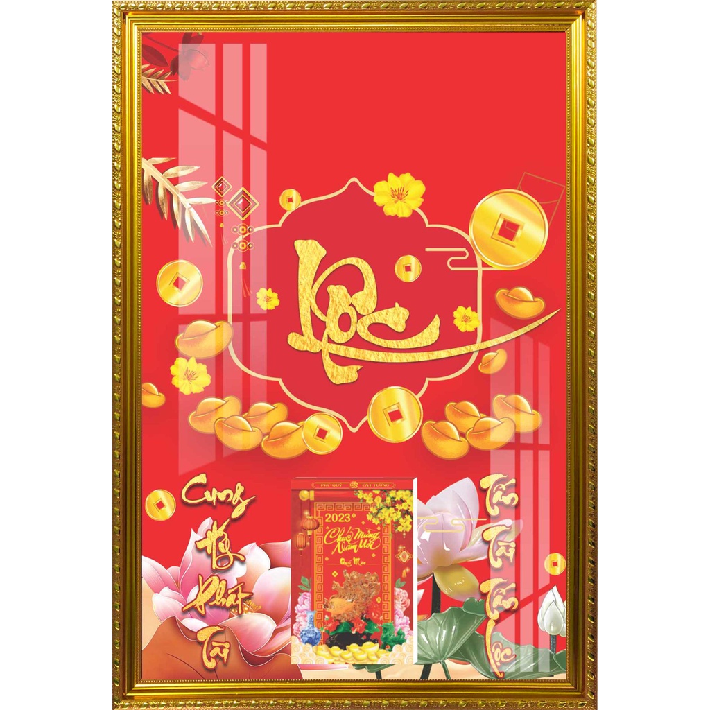 Lịch Gỗ Phù Điêu Khung Vàng Cao Cấp Treo Tường Laminate Tráng Gương 2023 (45 x 65cm) - Thư Pháp Chữ Lộc
