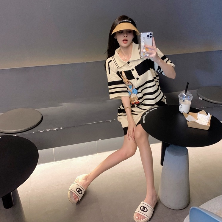 【ZHELIHANGFEI】Đầm Thun POLO Ngắn Tay Họa Tiết Sọc Ngang Thời Trang Dành Cho Nữ