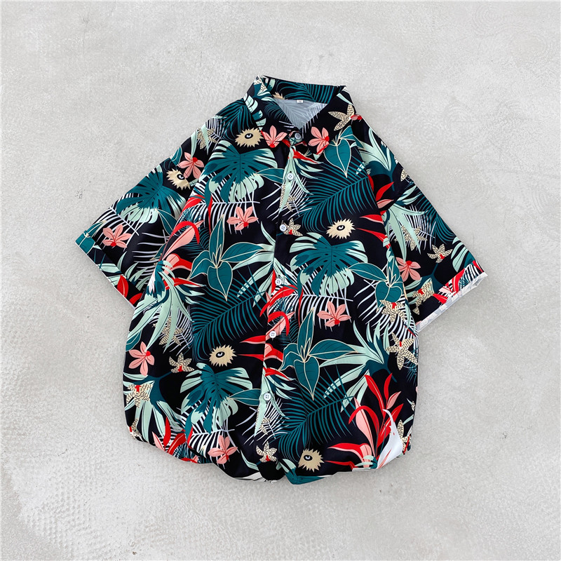 Áo sơ mi ngắn tay dáng rộng in hoa phong cách Hawaii Hàn Quốc mới cho nam