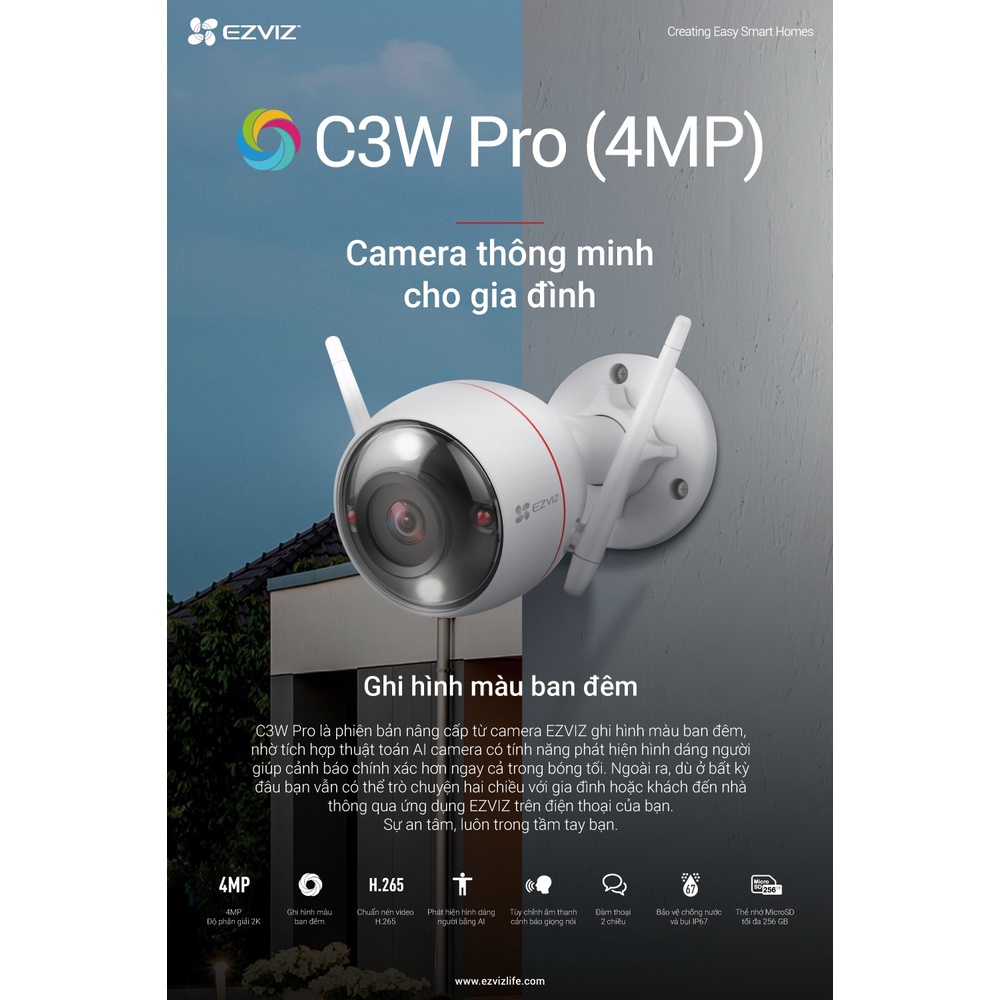 Camera IP Wifi ngoài trời Ezviz C3W Pro có màu ban đêm 2M/4M, chính hãng, bảo hành 24 tháng