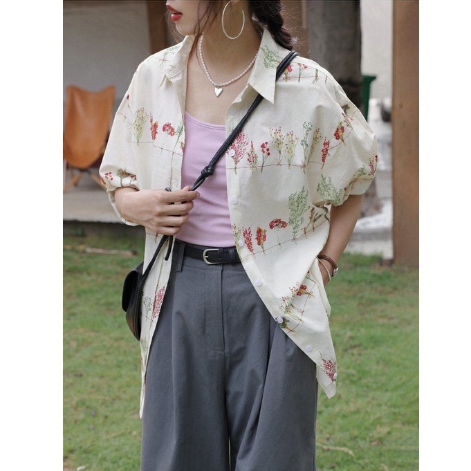 Áo Sơ Mi Nữ Ngắn Tay In Hoa Thời Trang Hàn Quốc