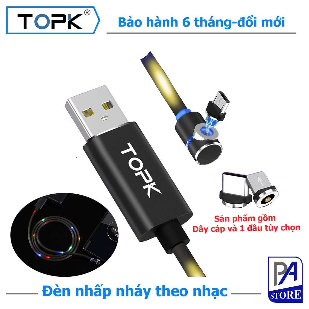 Cáp Sạc Nam Châm TOPK - Đèn Nhấp Nháy Theo Nhạc - Chữ L (Chọn 1 trong 3 loại đầu cáp: Micro USB-Type C-Iphone Lightning)