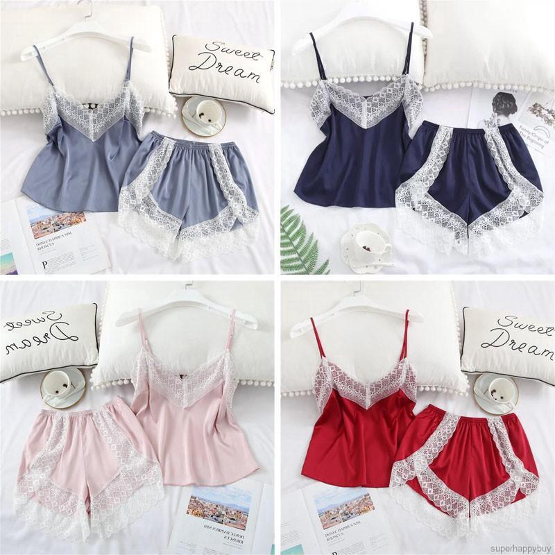 Bộ đồ ngủ 2 dây + quần short bằng lụa satin dành cho nữ