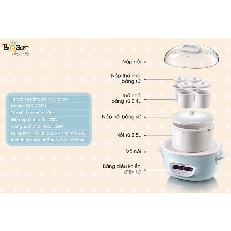 [Miễn phí ship] Nồi Nấu Chậm BEAR SUBE003 2.5L Phiên Bản Quốc Tế