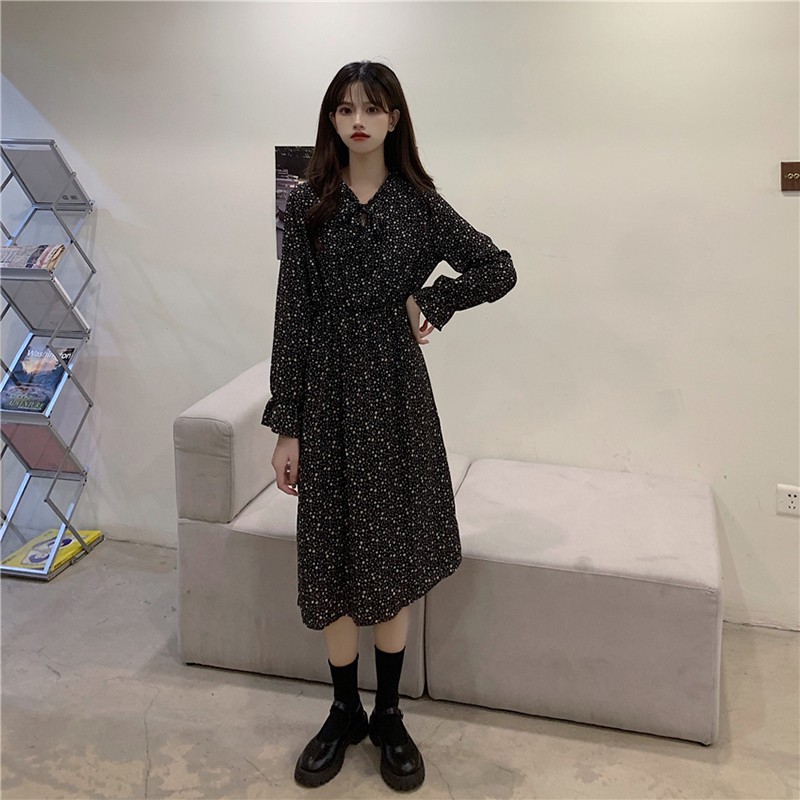 Đầm Dài Tay Màu Đen Họa Tiết Hoa Phong Cách Retro Pháp Cho Nữ