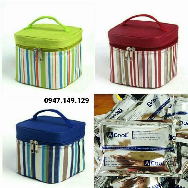 Túi giữ nhiệt giữ lạnh vuông kẻ sọc tặng 3 đá khô giữ nhiệt