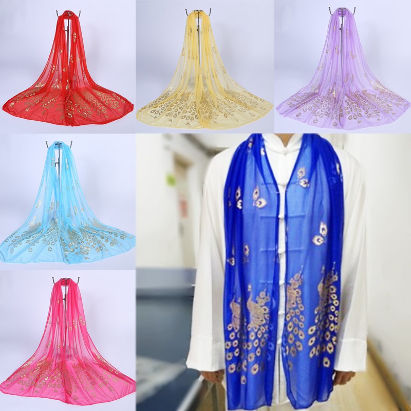 1 Khăn Choàng Vải Chiffon Mềm 12 Màu In Hình Chim Công Cho Nữ