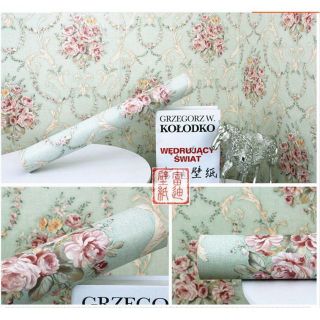 Cuộn 10m giấy dán tường hoa văn xanh cổ điển