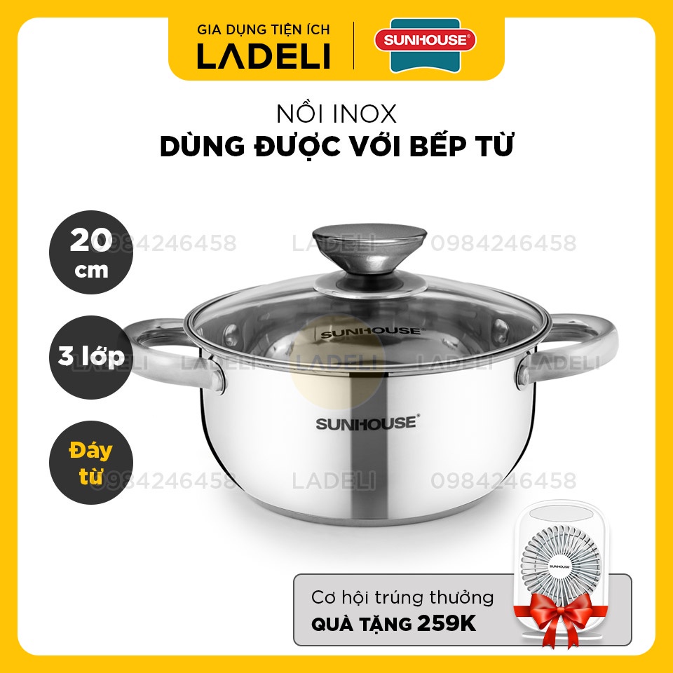 Nồi inox 3 đáy SUNHOUSE SH22120 vung kính đáy từ size 20cm