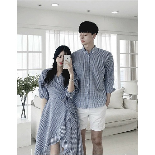 SET ÁO CẶP NAM NỮ ĐẦM ĐUÔI CÁ HỌA TIẾT HOA LÁ ĐI BIỂN CHỤP HÌNH CƯỚI, ĐỒ ĐÔI HÀN QUỐC