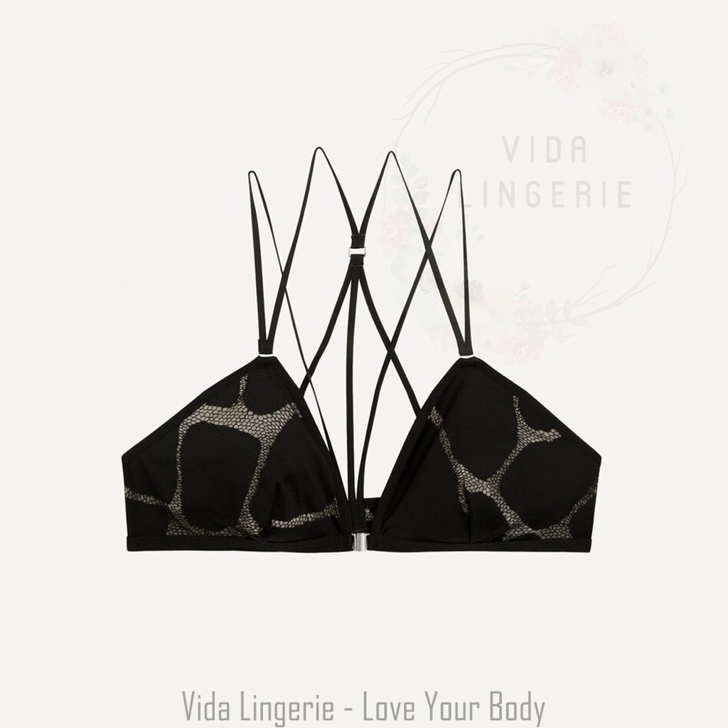 Áo bralette cài trước dây lưng chéo phối lưới xuất âu