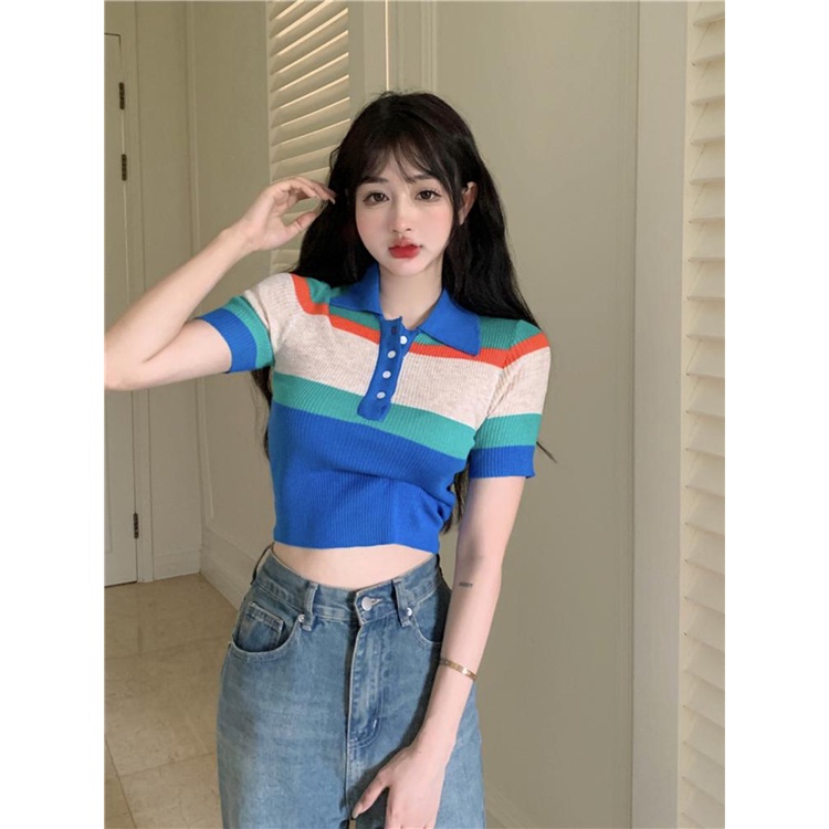 Cocory vn Áo Croptop Dệt Kim Tay Ngắn Cổ Polo Họa Tiết Kẻ Sọc Thời Trang Quyến Rũ Cho Nữ