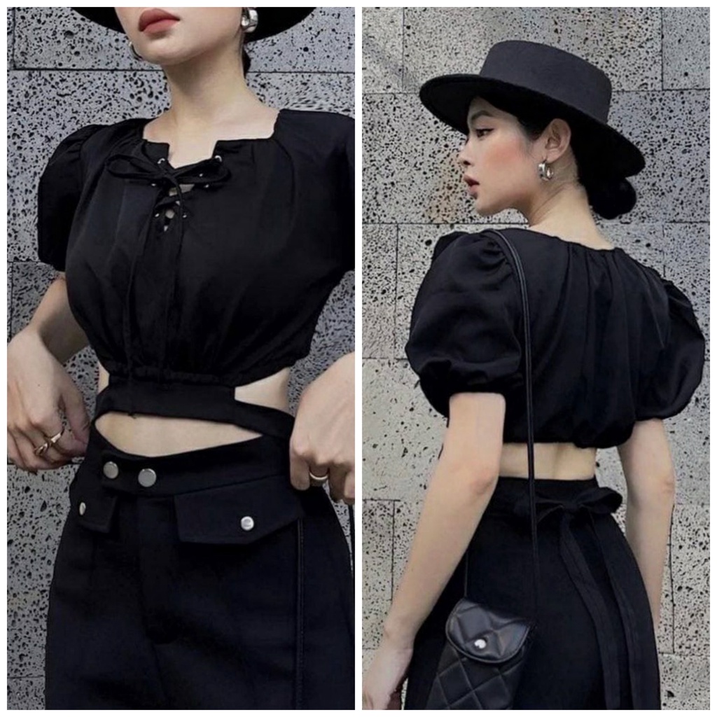Áo croptop nữ tay ngắn có dây cột eo mắt cáo đan ngực cho nàng cá tính DG4247
