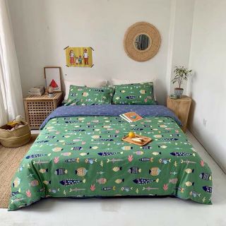 Bộ chăn ga gối cá xanh cotton poly