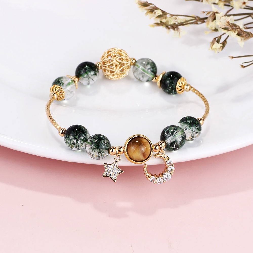 Vòng Tay Mạ Vàng 18K 18K Đính Pha Lê Tự Nhiên Hình Mặt Trăng / Ngôi Sao / Ma Quỷ Màu Xanh Lá Thạch Anh Tím 10.11