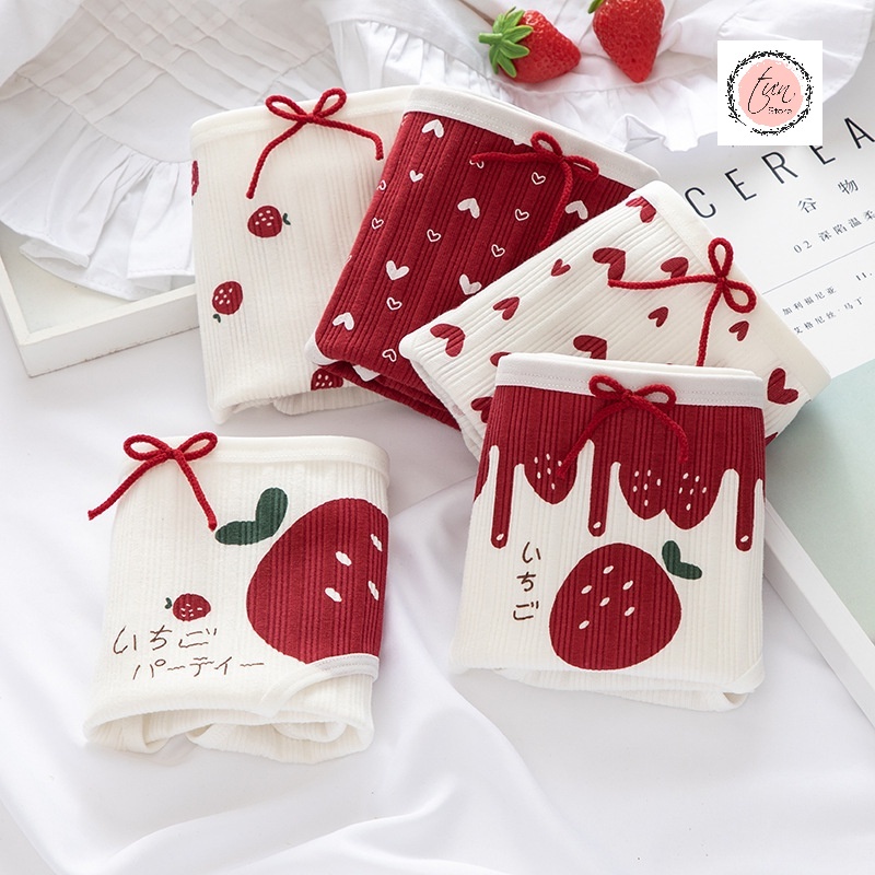 Quần lót nữ dễ thương,combo 6 quần lót màu đỏ hình trái dâu dễ thương gợi cảm cotton co dãn