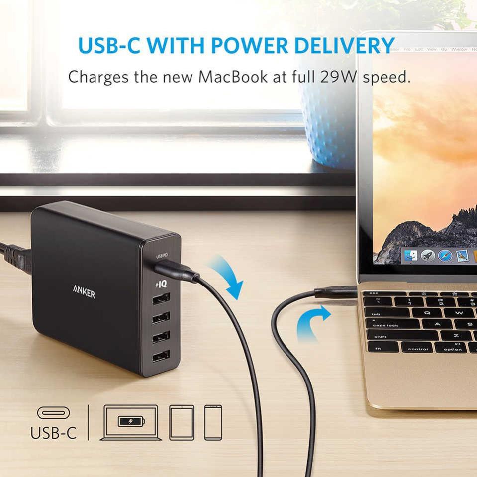 Cóc củ sạc nhanh 60W 4 cổng IQ USB & 1 cổng PD Type-C chính hãng Anker PowerPort +5 (Max 3A / Type-C và 2.4A / USB)