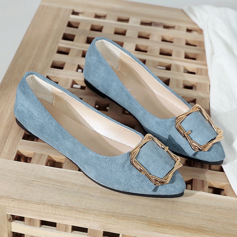 Giày Búp Bê Đế Mềm Mũi Nhọn Phối Khóa Kim Loại Thời Trang Cho Nữ