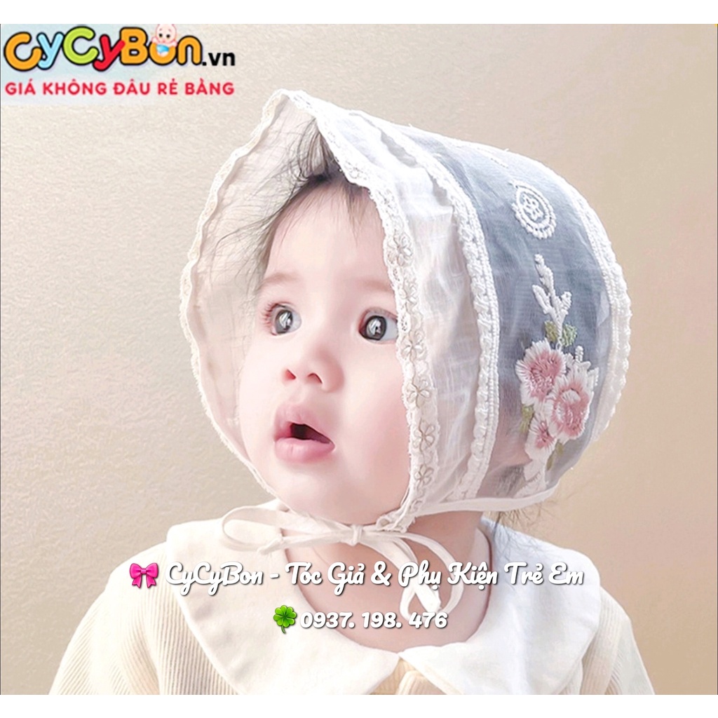 Mũ Nón Tiểu Thư Cho Bé Gái Phối Ren Đính Hoa Hồng Thêu Có Dây Cột Giữ Nón Size Cho Bé Từ 3 Tháng - 12 Tháng Siêu Xinh !