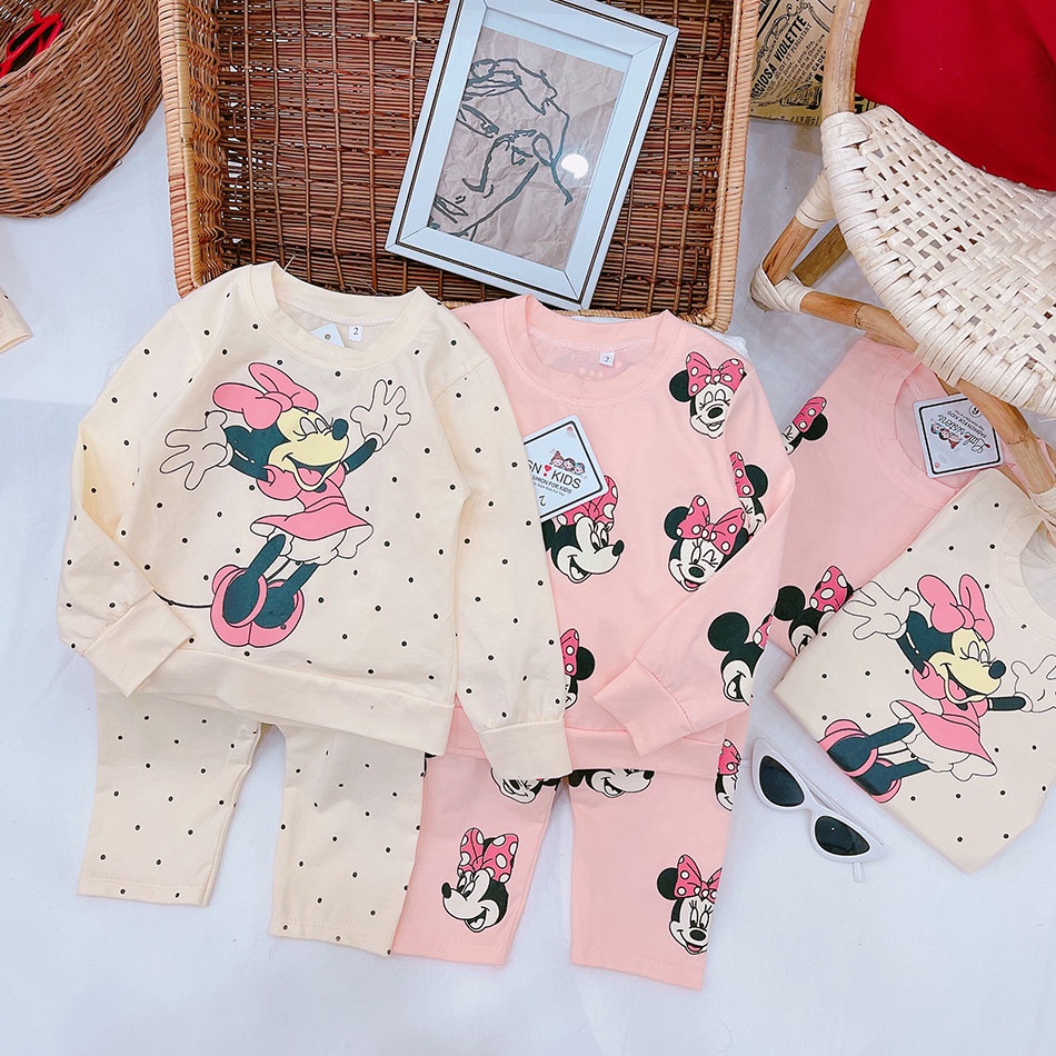 ĐỒ BỘ THU ĐÔNG CHO BÉ GÁI IN HÌNH MICKEY DỄ THƯƠNG CHUẨN COTTON TÀU MỀM MẠI THẤM HÚT MỒ HÔI CO GIÃN 4 CHIỀU SIZE 9-21KG