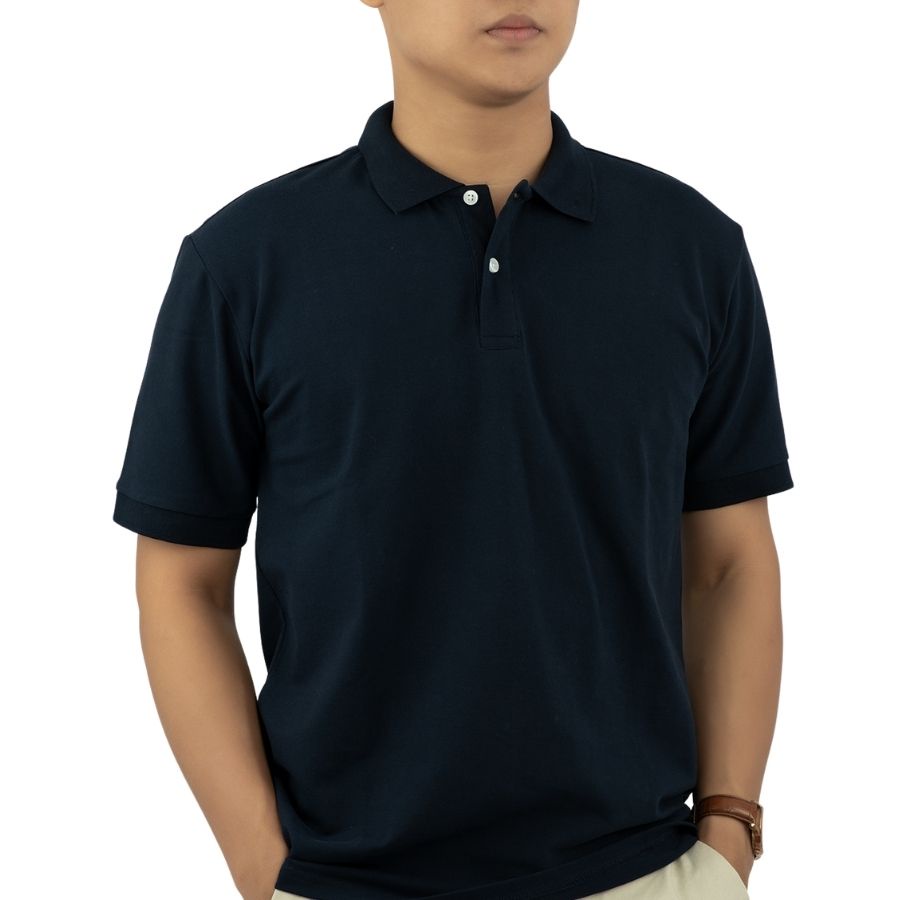 Áo polo nam cao cấp PERFECTMEN vải cá sấu 100% cotton màu xanh đen co giãn 4 chiều thoáng mát, sang trọng lịch lãm