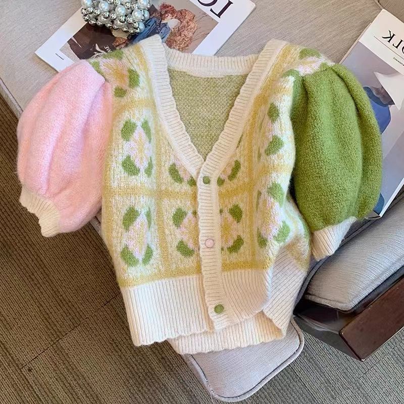 Áo Dệt Kim Tay Phồng Cổ Chữ v Họa Tiết Hoa Màu Sắc Tương Phản