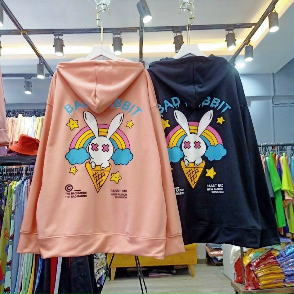 ÁO HOODIE NAM NỮ PHỐI NÓN HỌA TIẾT TAI THỎ SIÊU CUTE CHUẨN FORM RỘNG