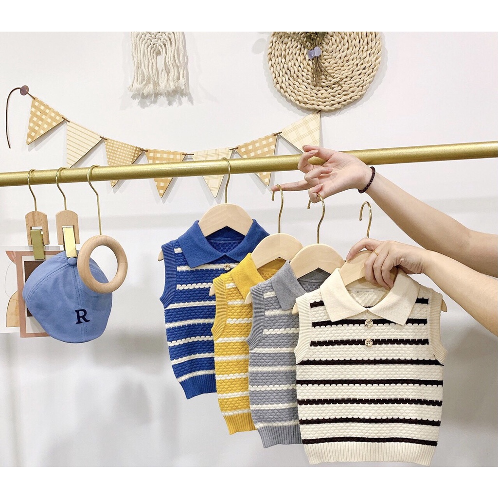 Áó gile len kẻ ngang cổ bẻ bassic phong cách hàn cho bé gái