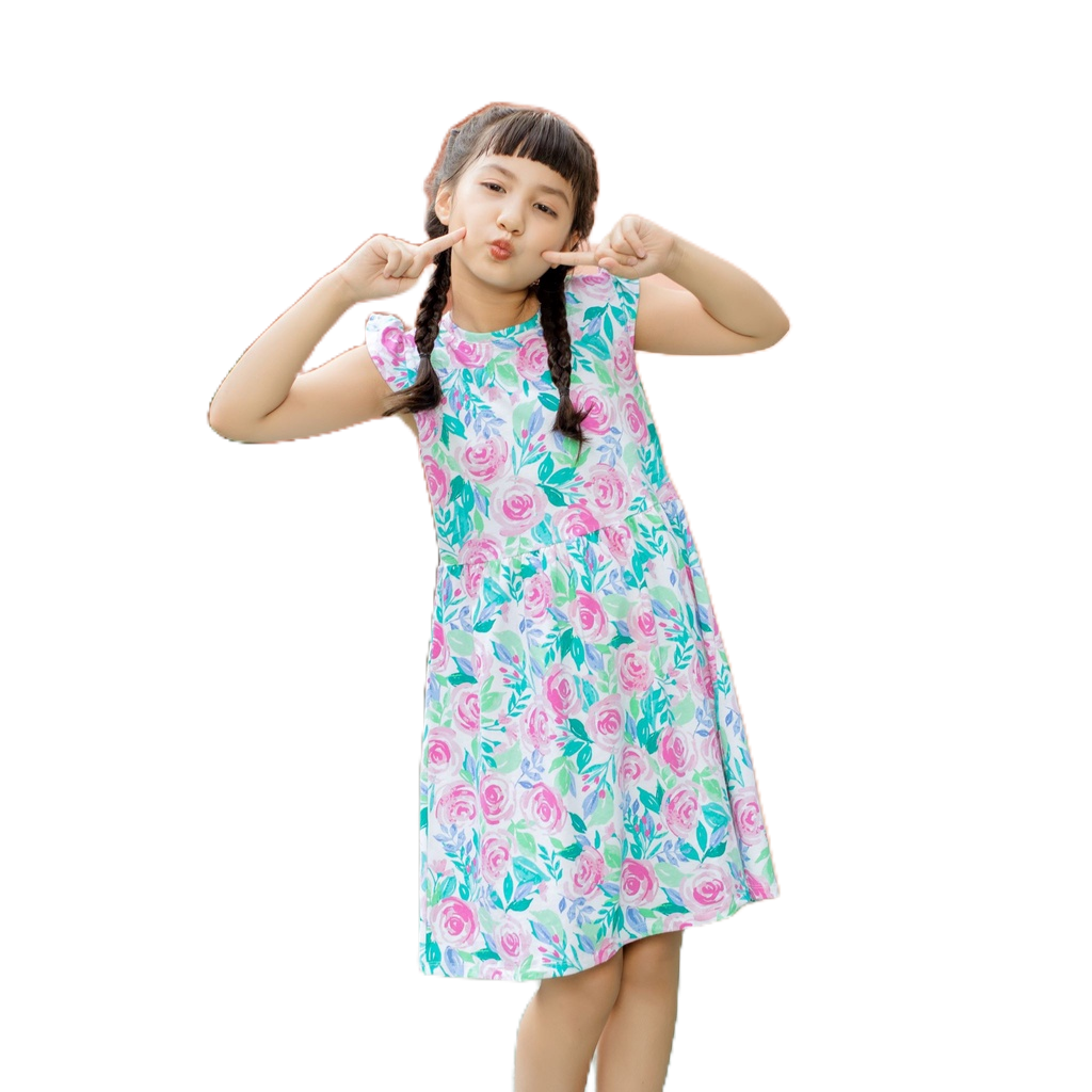 Đầm cho bé gái, tay cánh tiên, họa tiết mùa hè, đầm cotton bé gái, 20-40 kg, KYO293, K6
