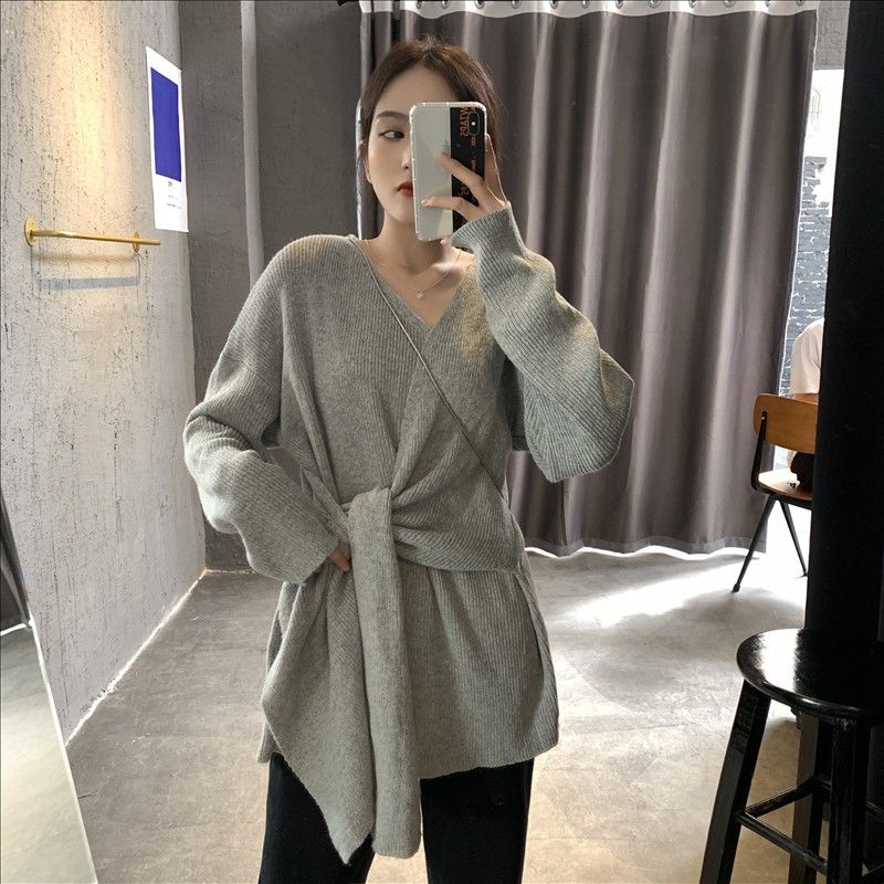 Áo len tay dài cổ chữ V dáng rộng thời trang mùa thu mới cho nữ