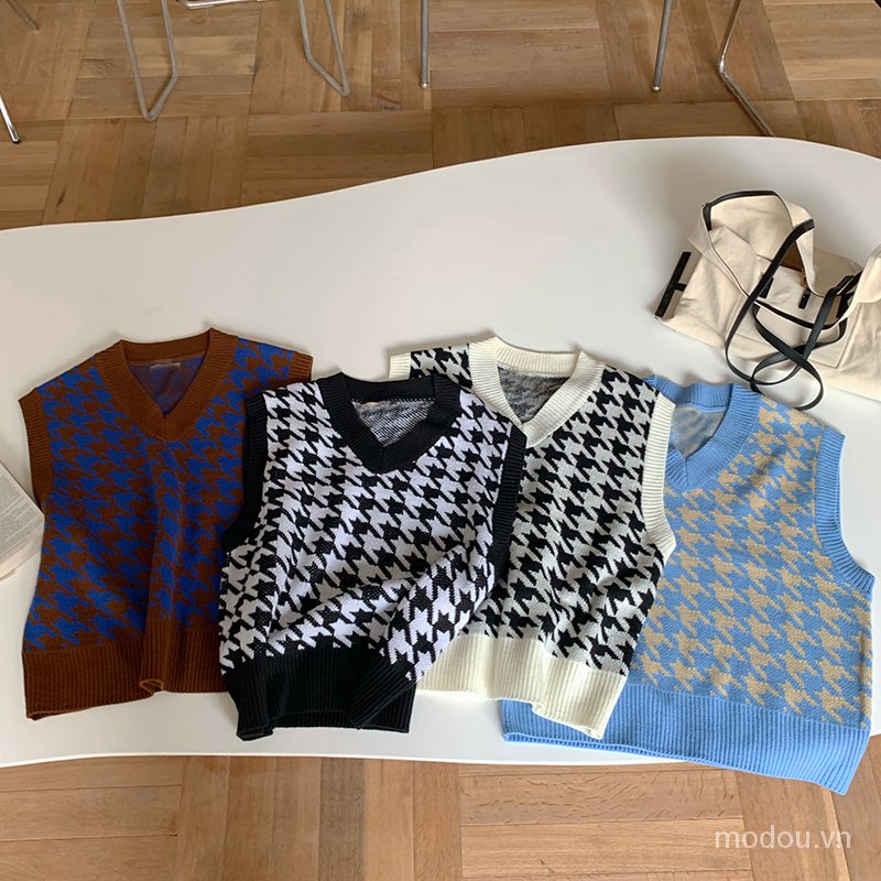 Áo Len Cộc Tay Cổ Chữ V Họa Tiết Houndstooth Thập Niên 68