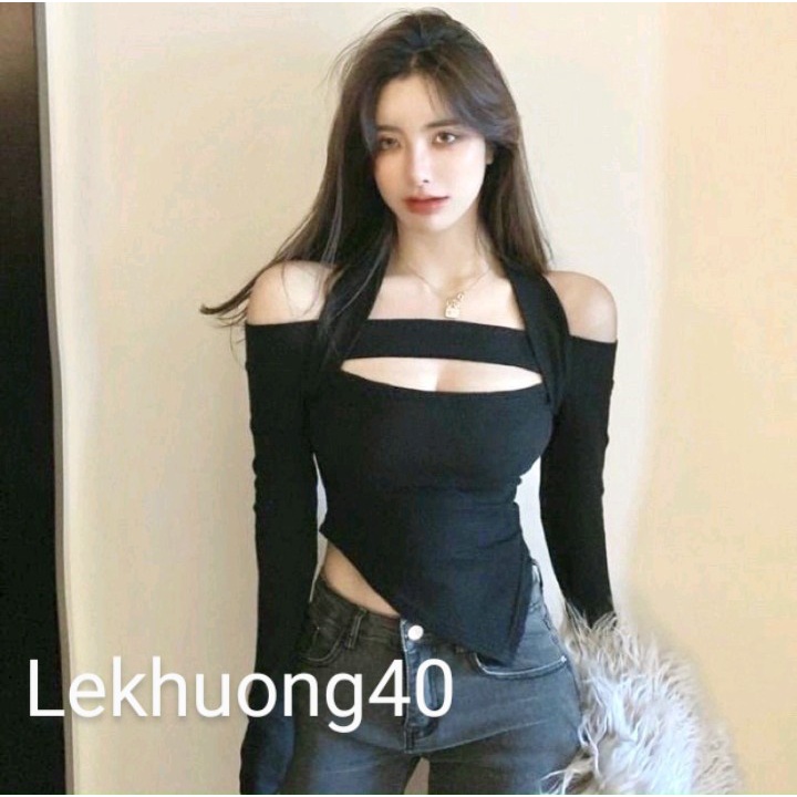 Áo bẹt vai xẻ ngực phối dây chông cỗ chất thun Gân co giãn 4 chiều Cam Kết Hàng Y Hình