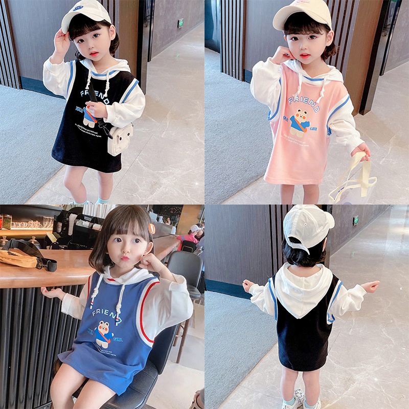 Áo thun có mũ trùm đầu giả hai lớp thời trang cho bé gái