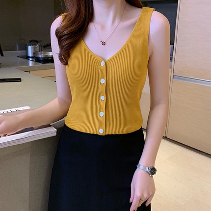 SUXI Áo Dệt Kim Hai Dây Cổ Chữ V Màu Sắc Vintage Dễ Phối Đồ Thời Trang Cho Nữ